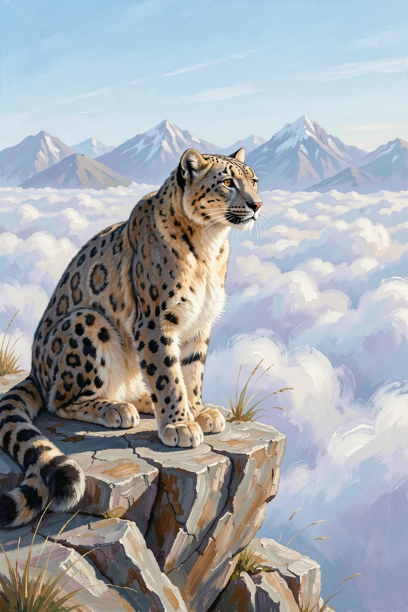 Along a rocky mountain ridge above the clouds, a snow leopard perched on a rocky mountain ledge, it surveying the landscape from a high vantage point, on a clear summer afternoon.