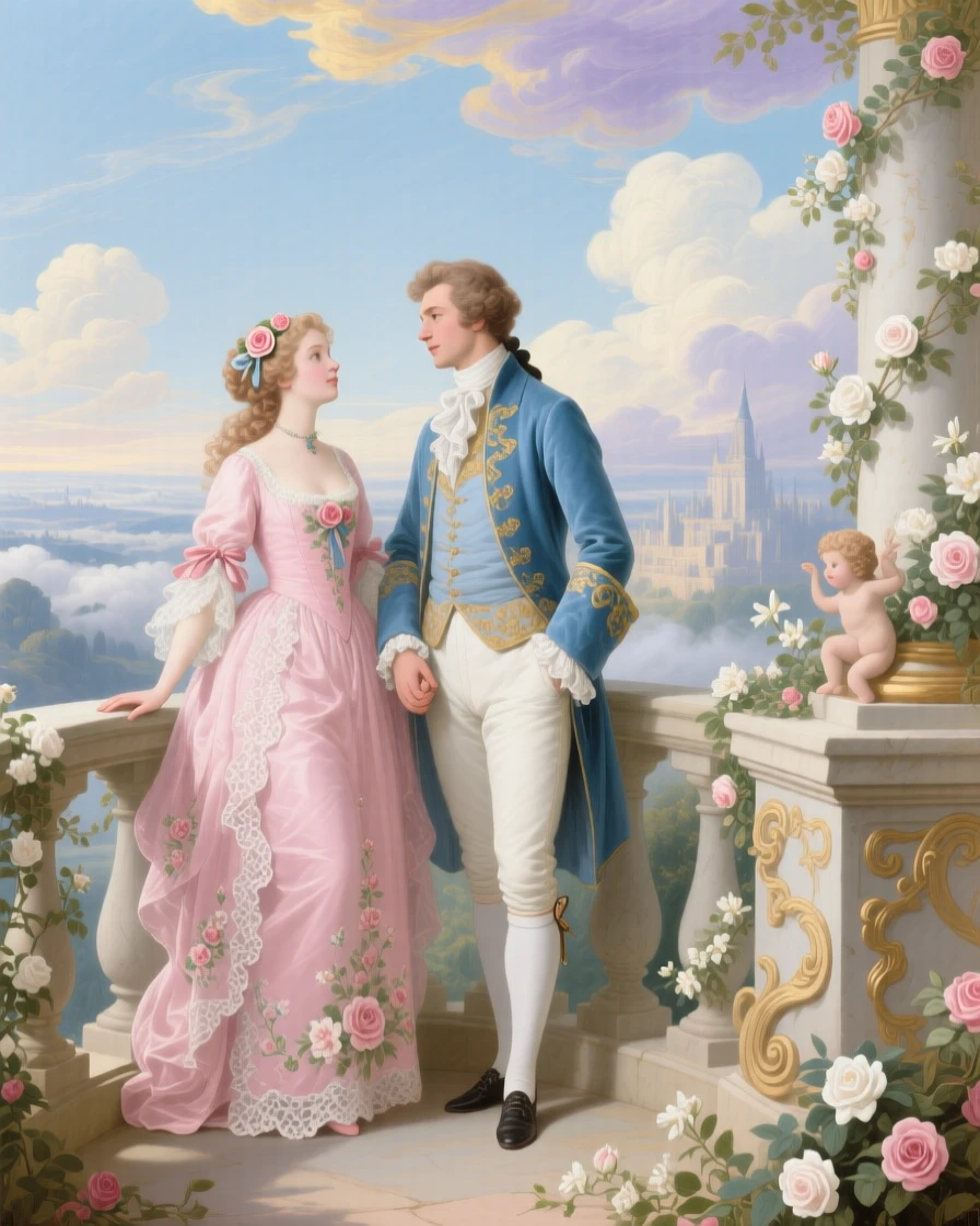 A young couple standing on a balcony above a kingdom of clouds  
