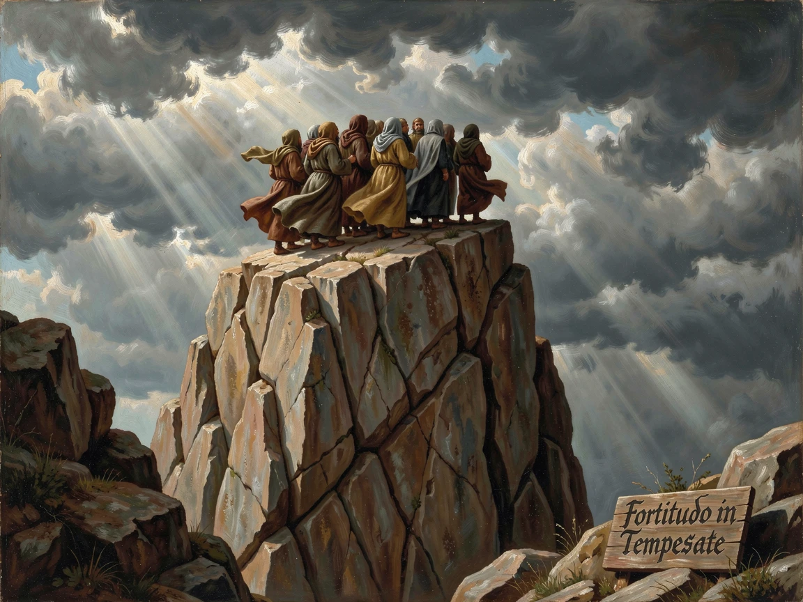 A group of monks stands atop a granite cliff face as the wind howls across the ridge.