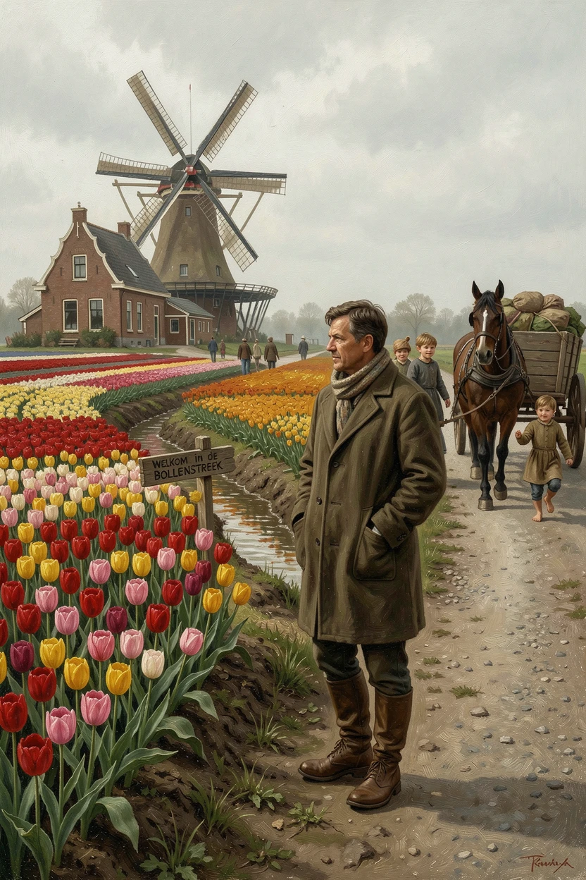 A traveler wandering through a vibrant field of tulips in the Netherlands, with authentic local culture and scenery woven throughout, evoking wanderlust and the irresistible call of adventure