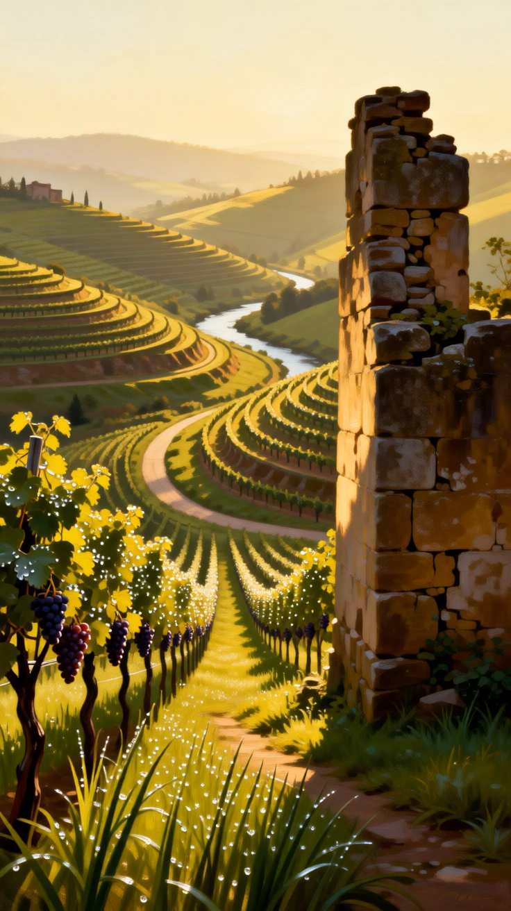 A terraced vineyard rolling across sunlit hillsides captured in the fleeting stillness of a perfect moment, set beside the remnants of an old stone wall or ruin, with dew still clinging to blades of grass in the early light; a winding path or river leads the eye deep into the distance, suggesting harmony between the natural world and the soul.