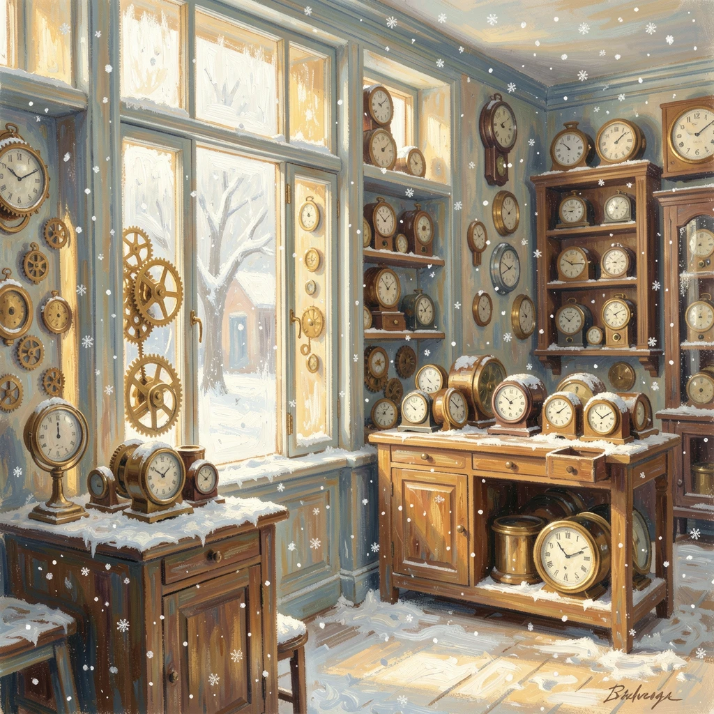 An old-world clockmaker's shop filled with intricate gears and dozens of ticking timepieces, amid a gentle winter snowfall, radiating serenity and gentle stillness.
