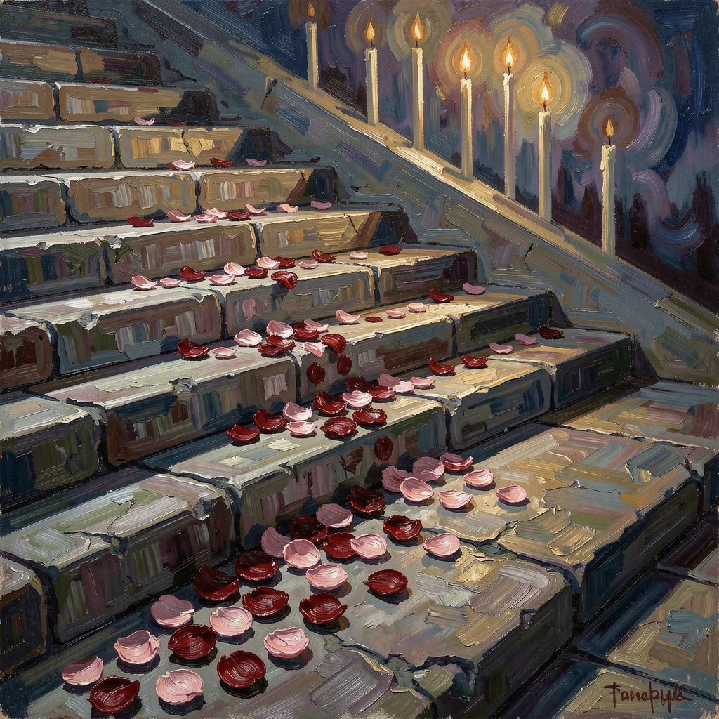 A trail of rose petals scattered across an empty staircase leading into soft candlelight.