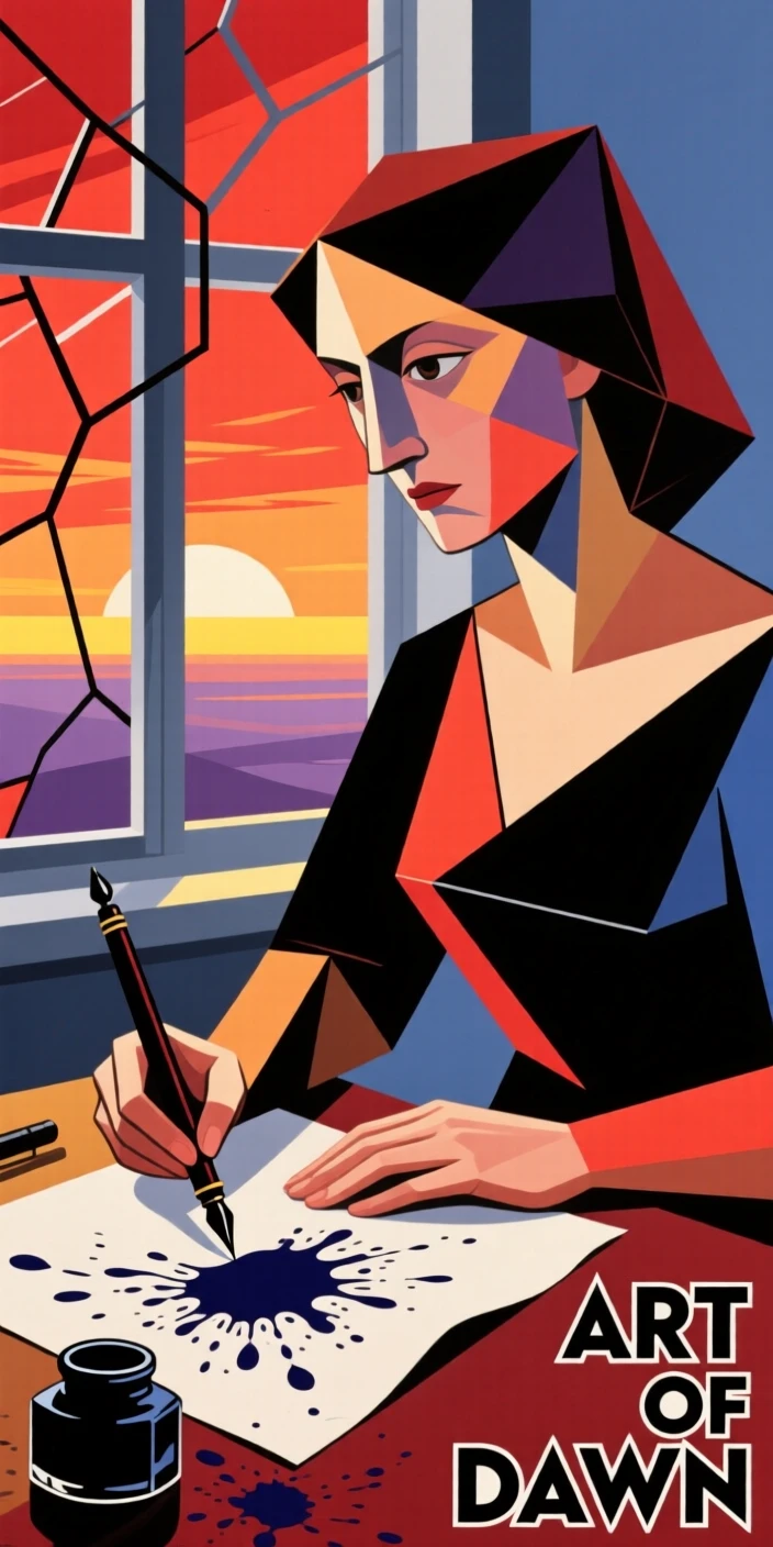 A woman practicing calligraphy with an ink pen beside a window at dawn.