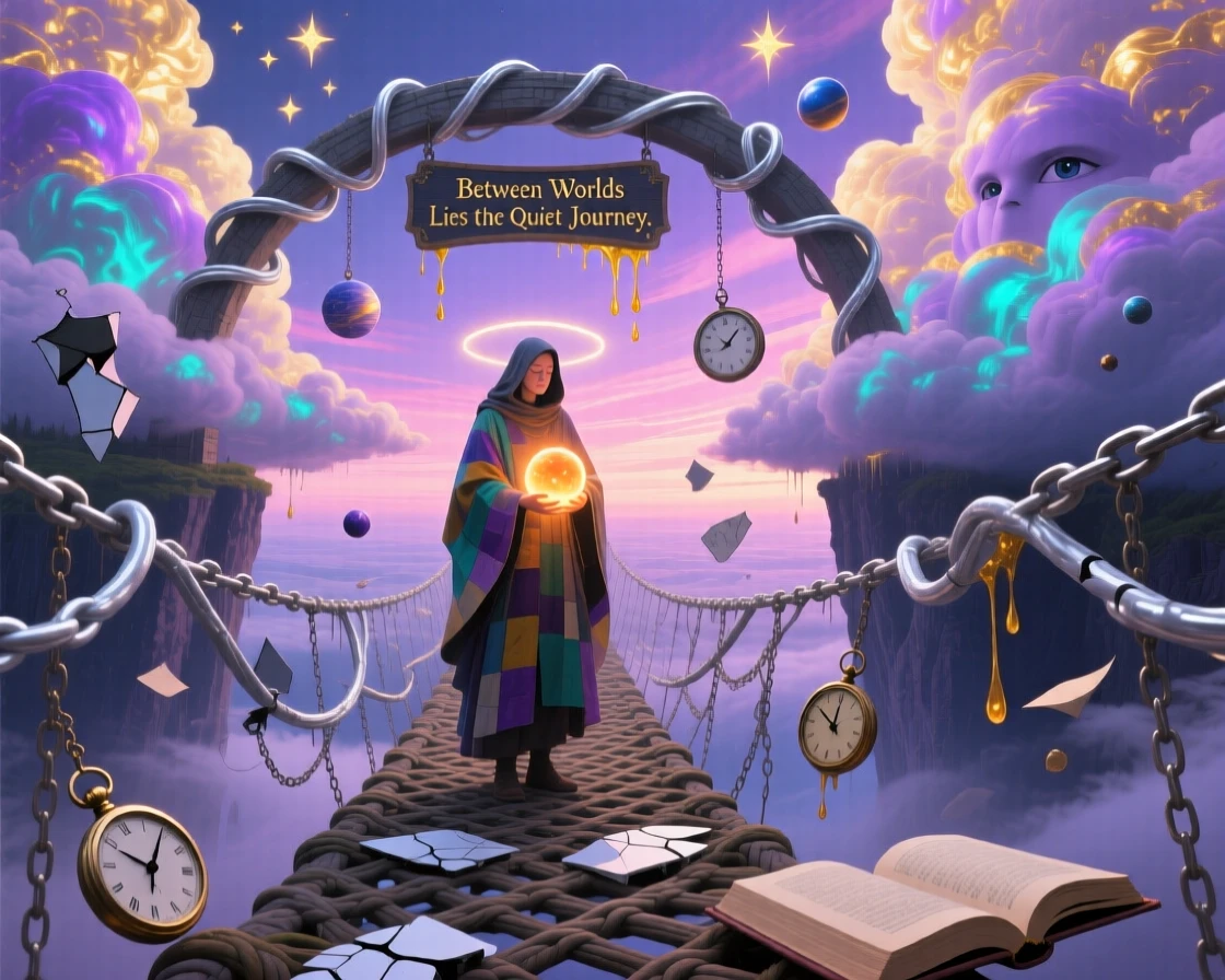 A lone traveler crossing a bridge suspended between two clouds rests peacefully in a space that feels both familiar and strange, while soft light gathers warmly around their figure.