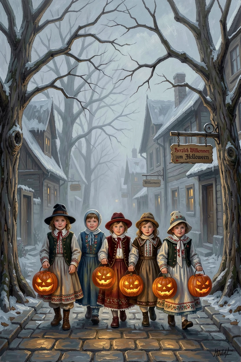 A spooky Halloween scene shows children carrying glowing jack-o'-lantern buckets down a foggy tree-lined street at dusk, small cultural details woven throughout the scene, grounding it in a specific time and place.
