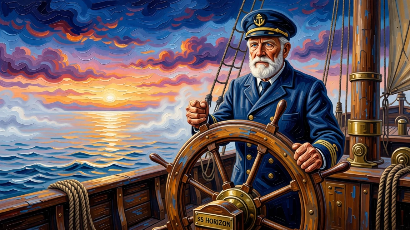 A weathered old ship's captain standing at the helm as dawn breaks over calm seas