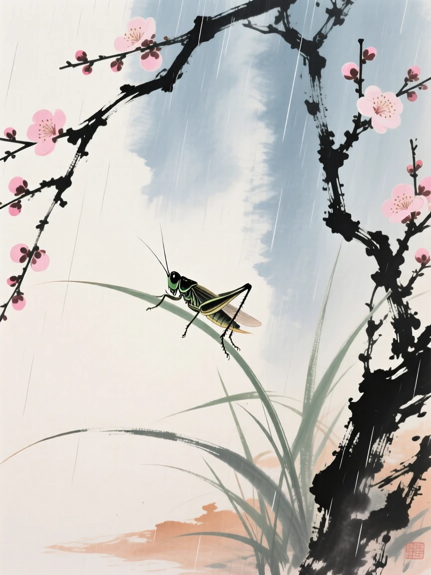 A cricket resting on a blade of grass in the evening light, as the last plum blossoms cling to bare branches, through a curtain of fine rain, carrying a mood of wistful nostalgia.