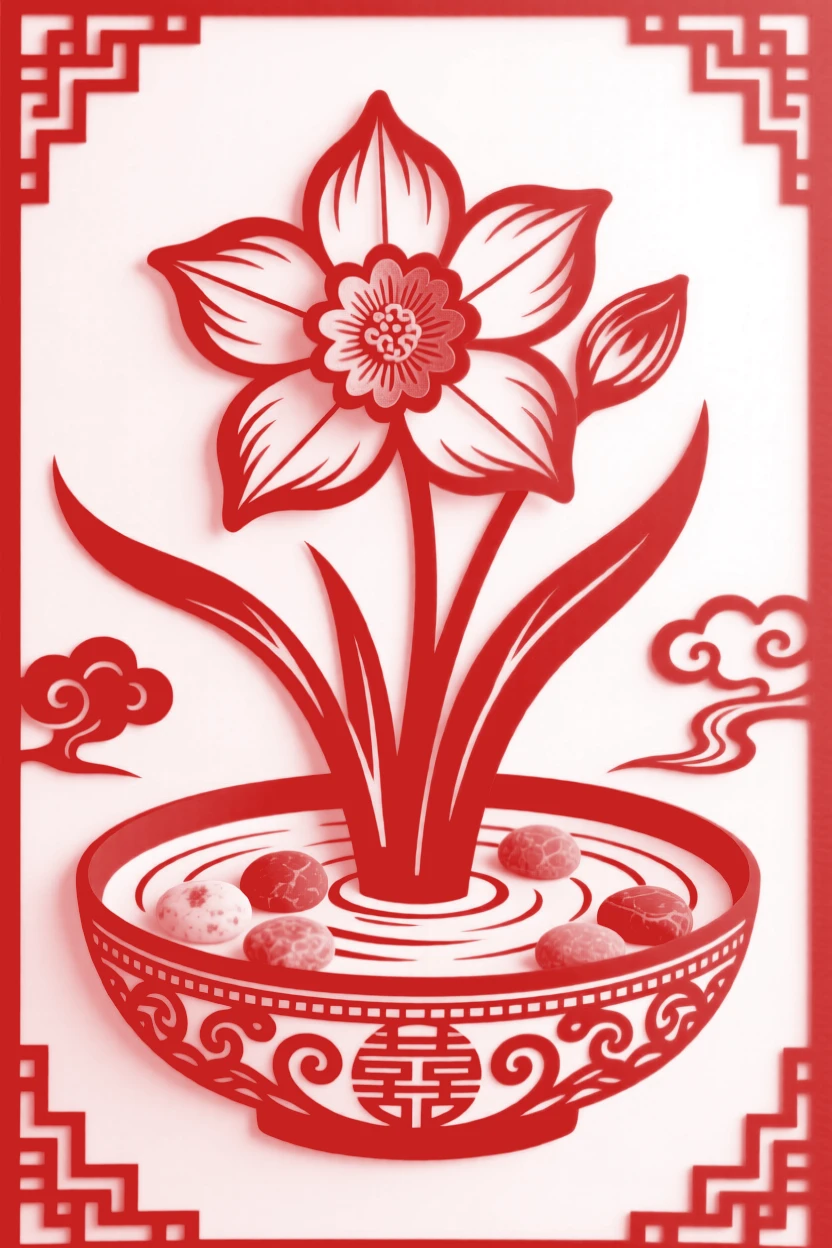 A narcissus bulb blooming in a shallow dish of pebbles and water, delicate white petals framing a golden center