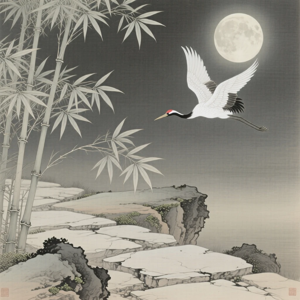 Moonlight filtering through bamboo leaves onto a stone path, with a single crane flying across the moon