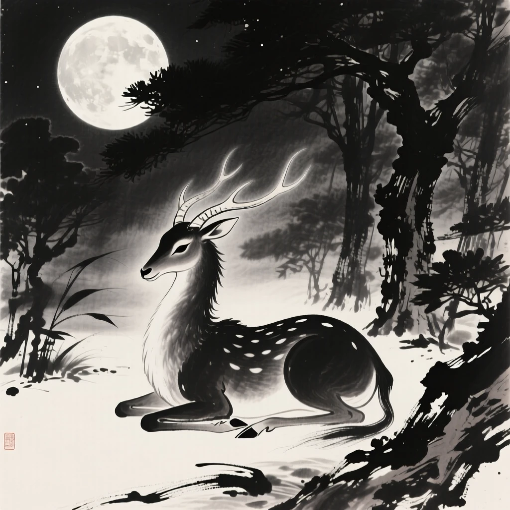 A mythical qilin resting in a moonlit grove beneath the glow of a full harvest moon, composed with sweeping, dynamic movement across the frame, carrying a sense of magic woven into the natural world.