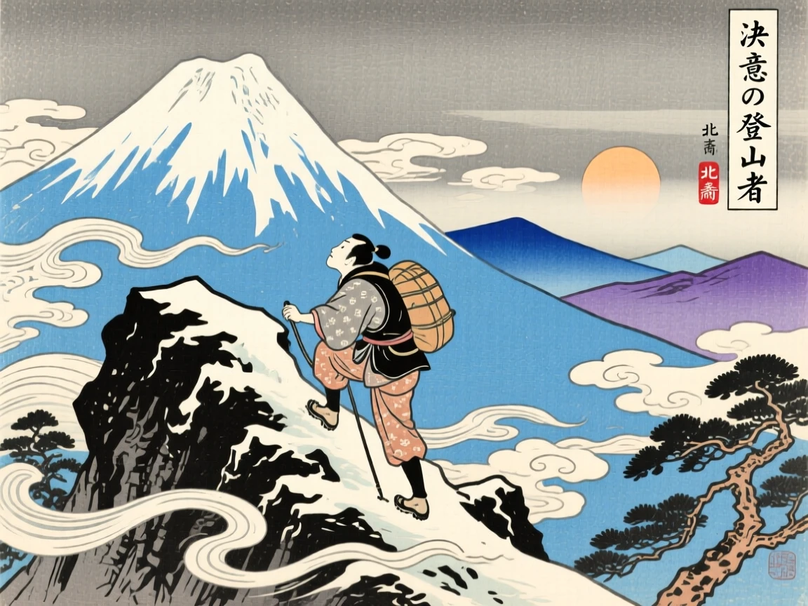 A determined climber reaching a snow-capped summit, on a windswept mountain ridge.