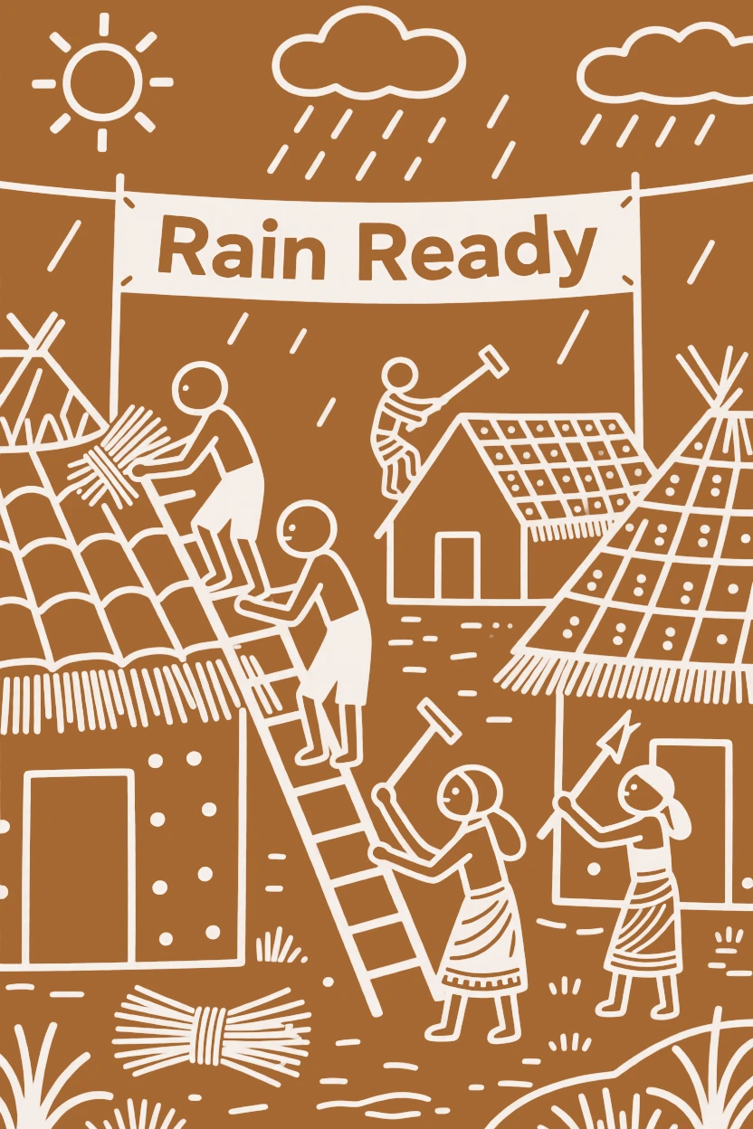 Villagers repairing rooftops before the rains arrive.