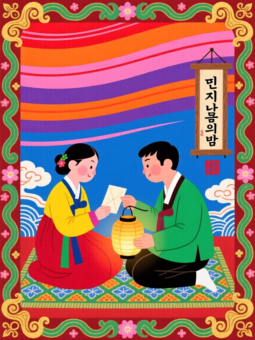 A young couple exchanging letters by lantern light beneath a sky streaked with color.