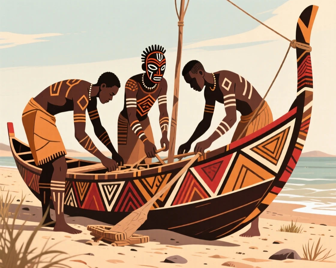 Men repairing a fishing boat on the shore on a warm and dusty afternoon.