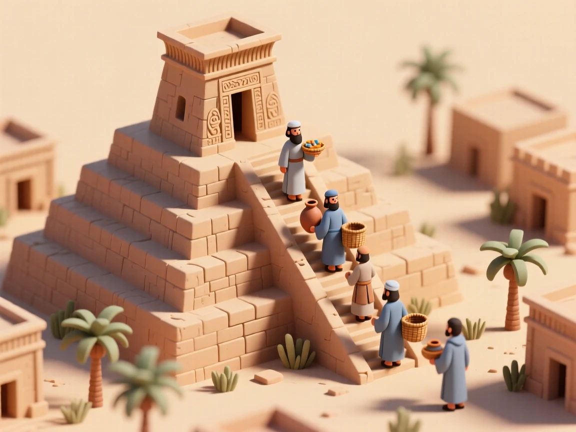 An ancient Elamite ziggurat city with a grand processional stairway, priests carrying offerings toward the temple summit.