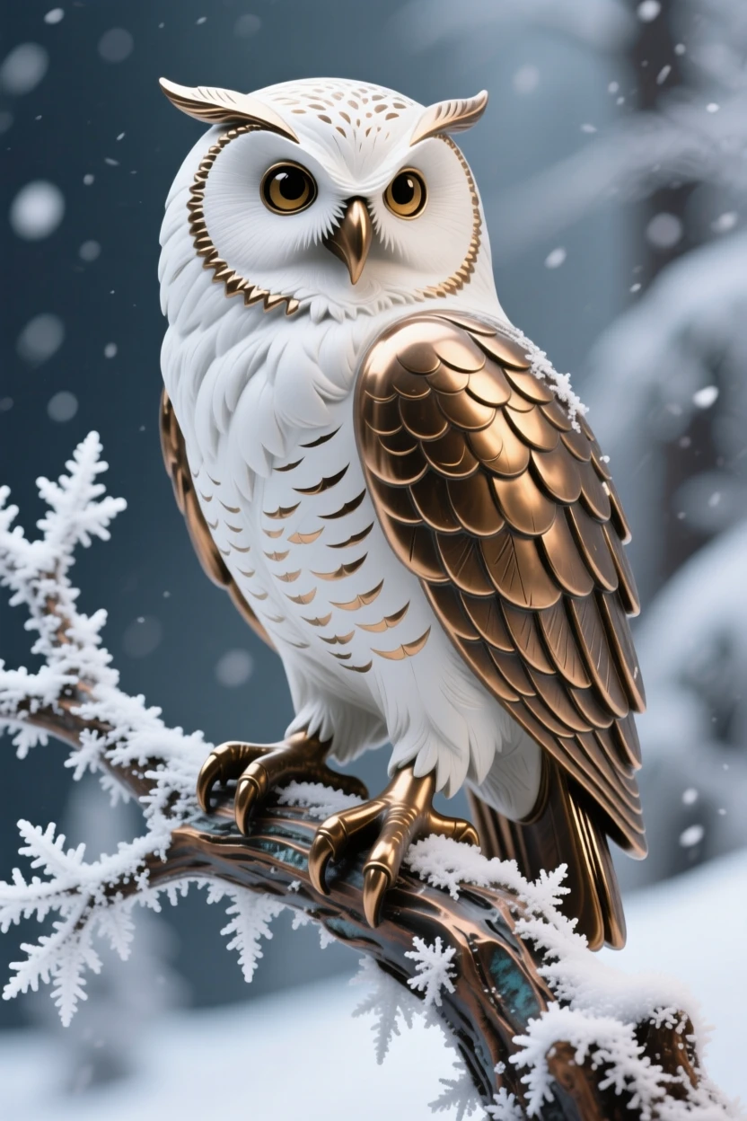 A snow-white owl perched on a frost-covered branch, rendered with rich, dynamic energy, evoking wonder and majesty