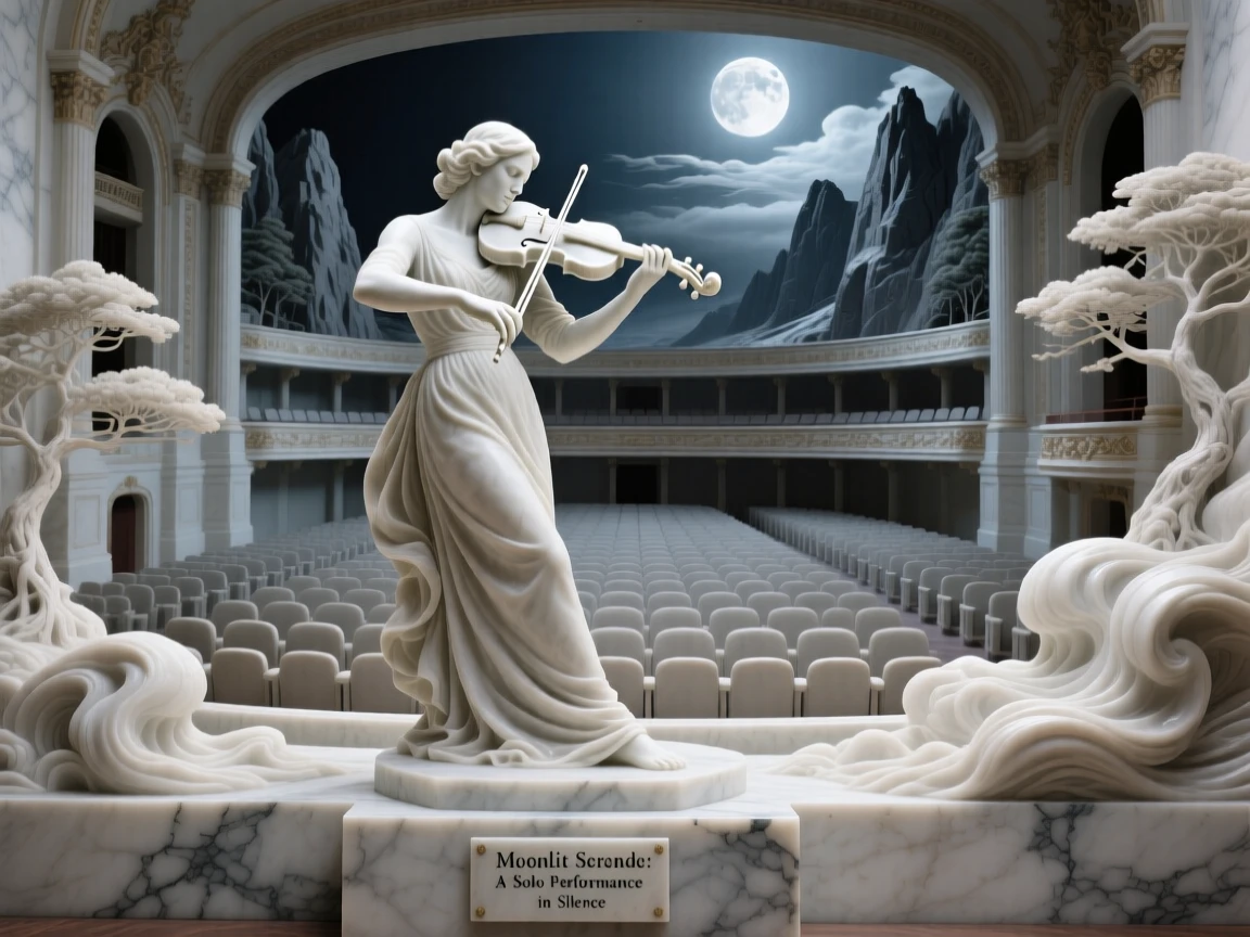 A beautifully composed image of a violinist performing for an empty, moonlit theater, framed by dramatic natural scenery, full of atmosphere and visual storytelling