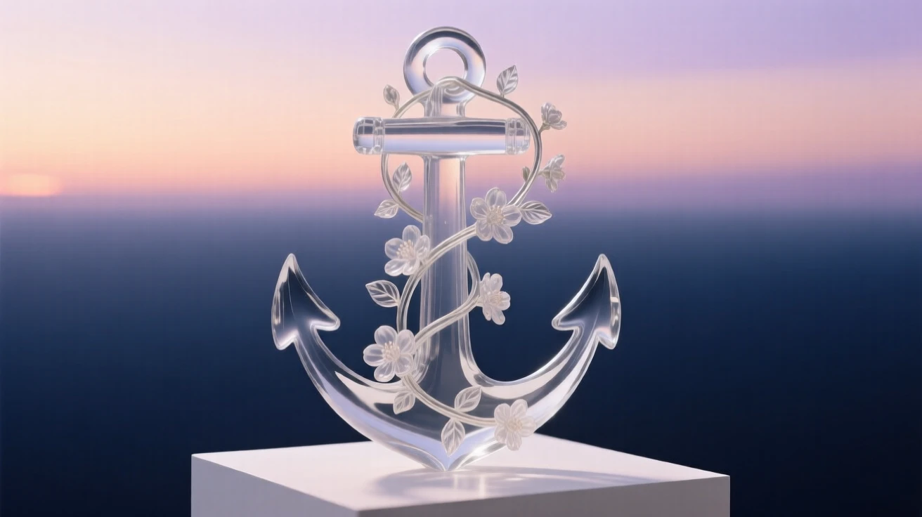 An anchor entwined with a blooming vine of flowers, beneath a horizon glowing with the first light of dawn