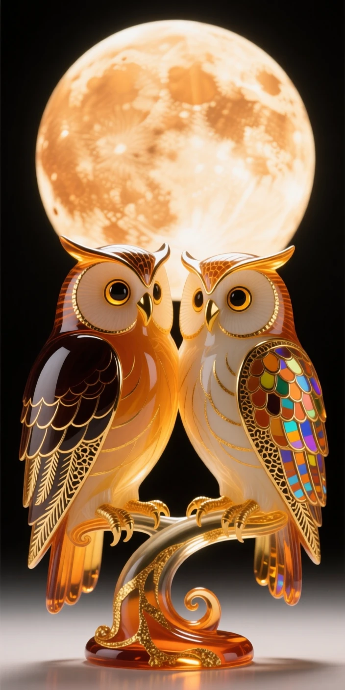 A pair of owls perched together beneath the very fullest harvest moon, wise and bonded.