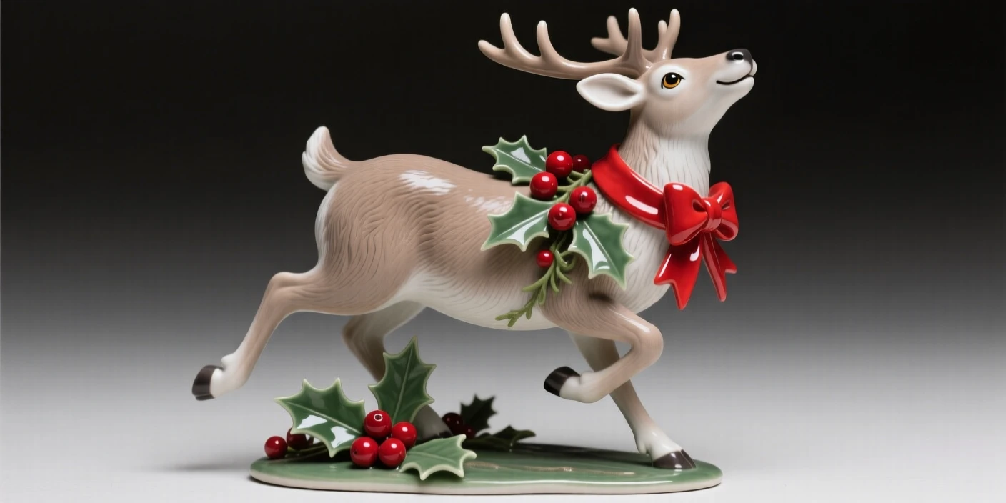 A reindeer with a bright red ribbon around its neck captured mid-celebration with joyful energy, accented with seasonal berries and greenery, conveying warmth, celebration, and delight.