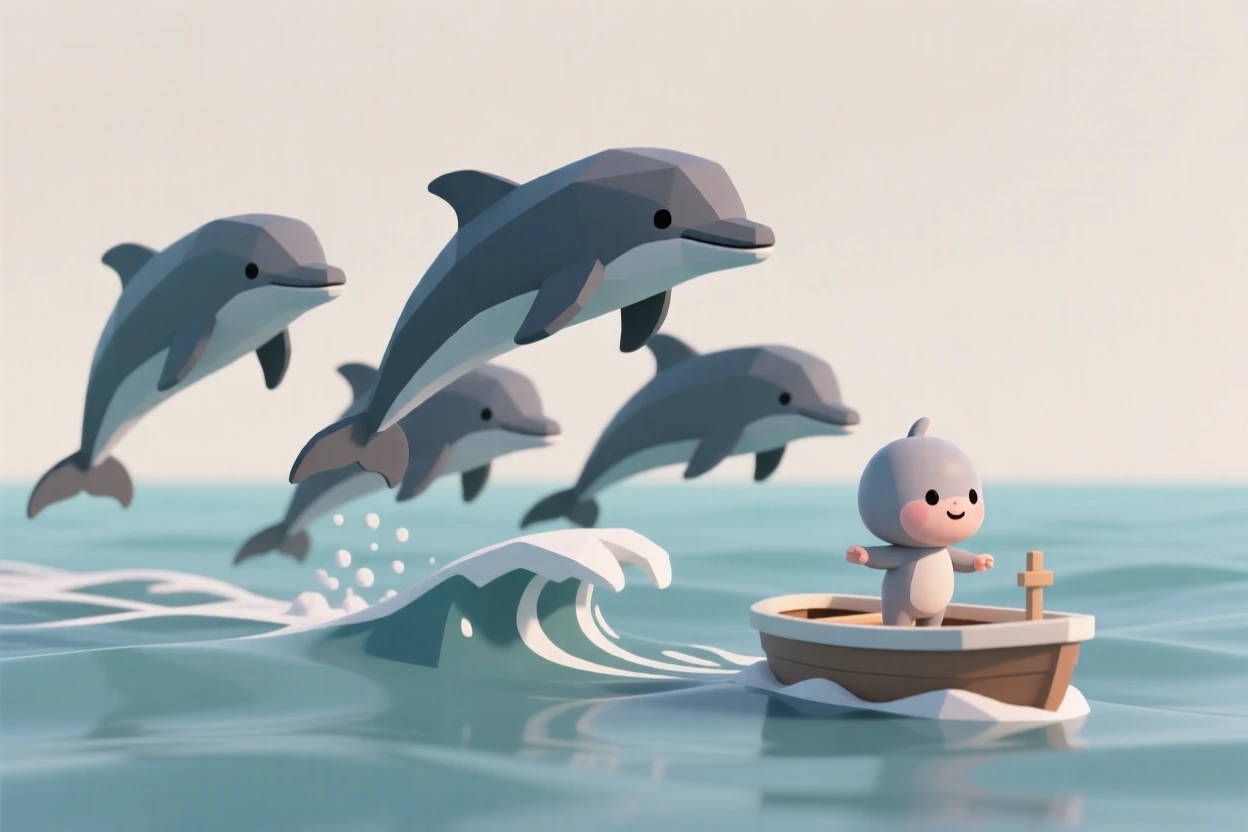 A curious baby dolphin leaps alongside its pod, learning to ride the wake of a passing boat.