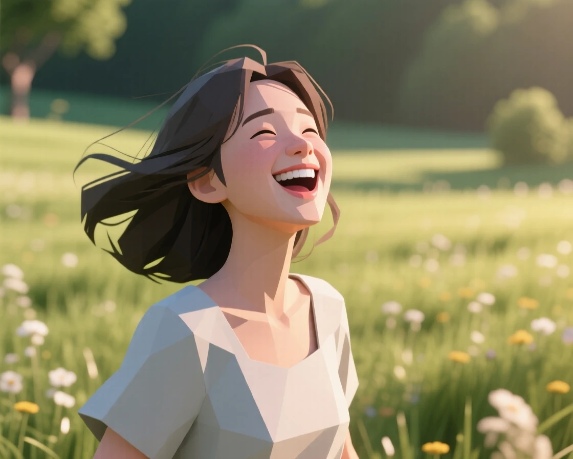 A young woman laughing joyfully in the wind, in a quiet, sunlit meadow. fine details in expression bring the moment to life. The mood feels tender and heartfelt.
