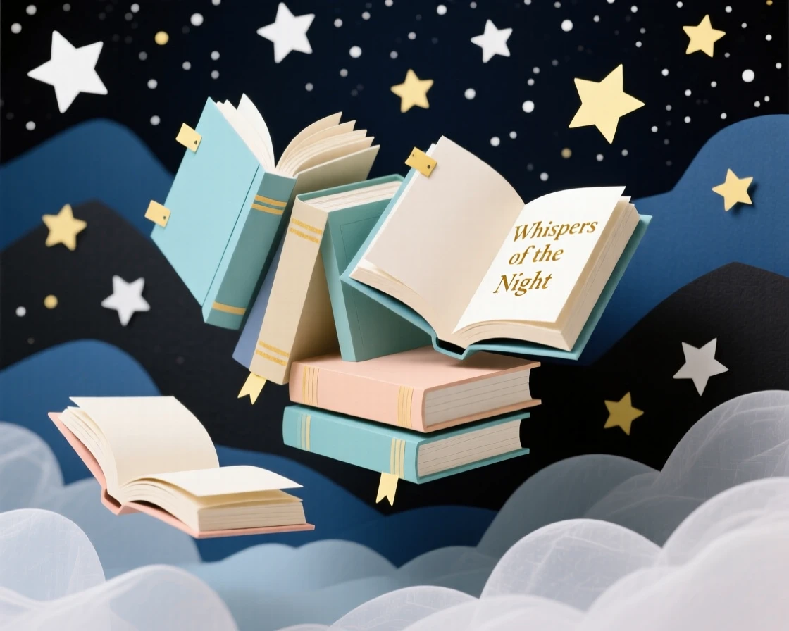 A floating library of drifting books set against a deep starry night sky, with a dreamlike glow surrounding the scene, capturing whimsical, surreal beauty.