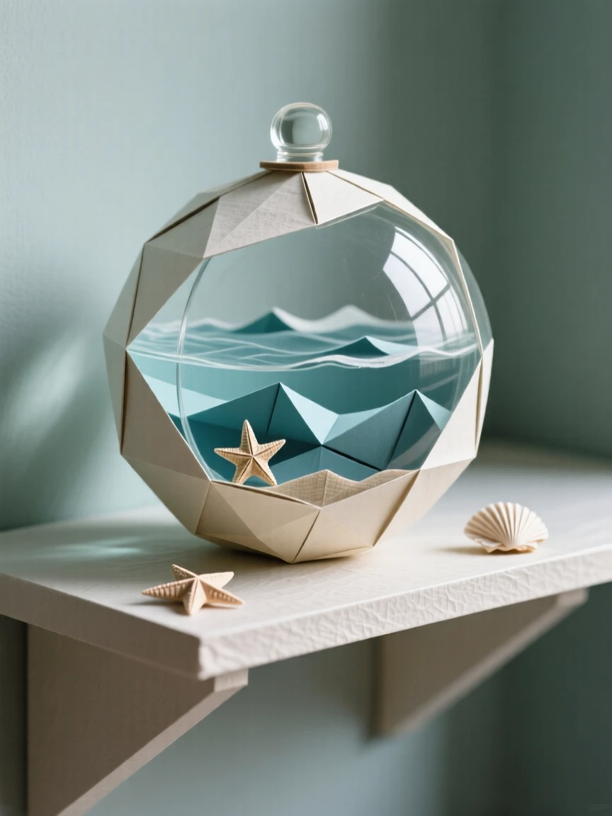 A pocket-sized ocean contained within an old glass fishing float resting on a shelf.
