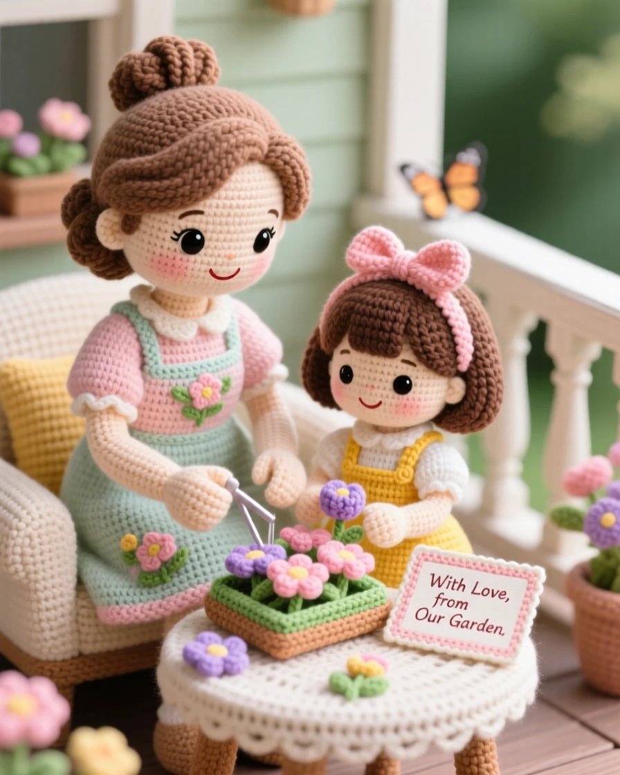A heartwarming family moment: a mother and daughter pressing flowers together with a small flower press between them, admiring the finished pressed bouquet within a quiet porch overlooking a peaceful garden; a handmade card resting on the table nearby, full of the simple joy of everyday family life.