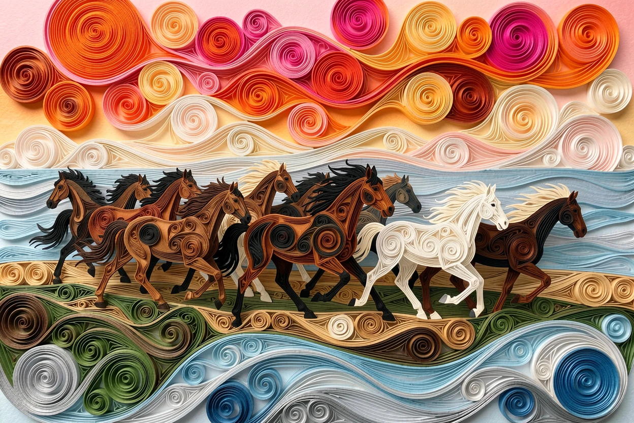 A striking wildlife scene of a herd of wild horses galloping across an open plain surrounded by softly rippling water, under a blazing orange and pink sunset sky, composed with the animal as a striking central focal point.