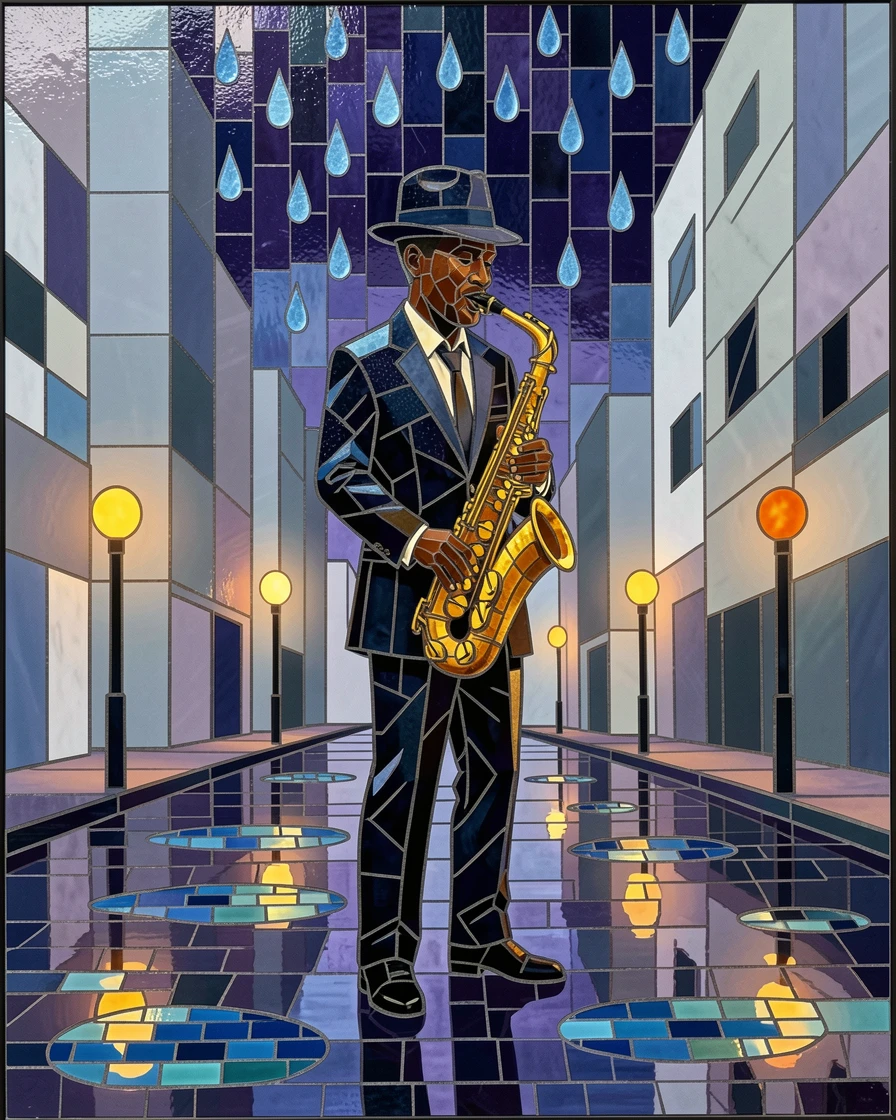 A jazz musician playing saxophone on a rain-slicked city street.