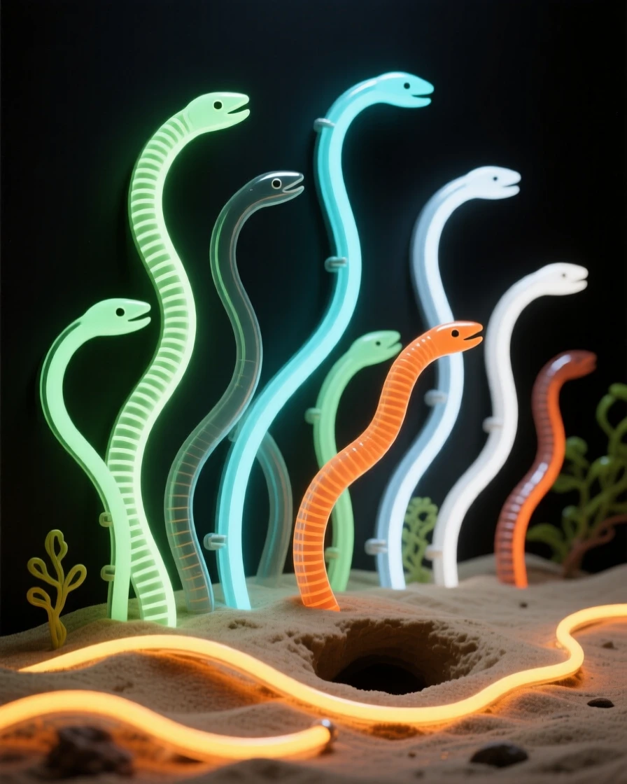 A colony of garden eels swaying from burrows in the sand.