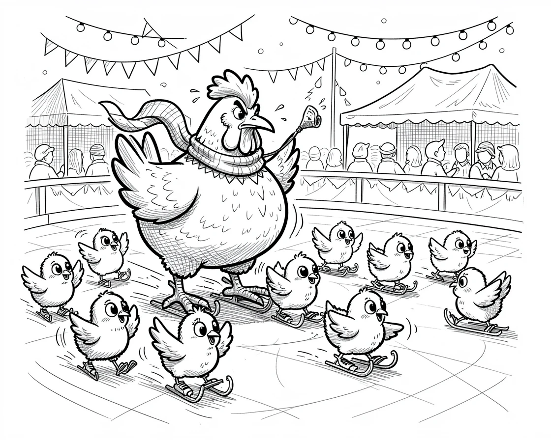 A chicken herding a group of baby chicks like a tiny army on an ice rink at a winter festival.