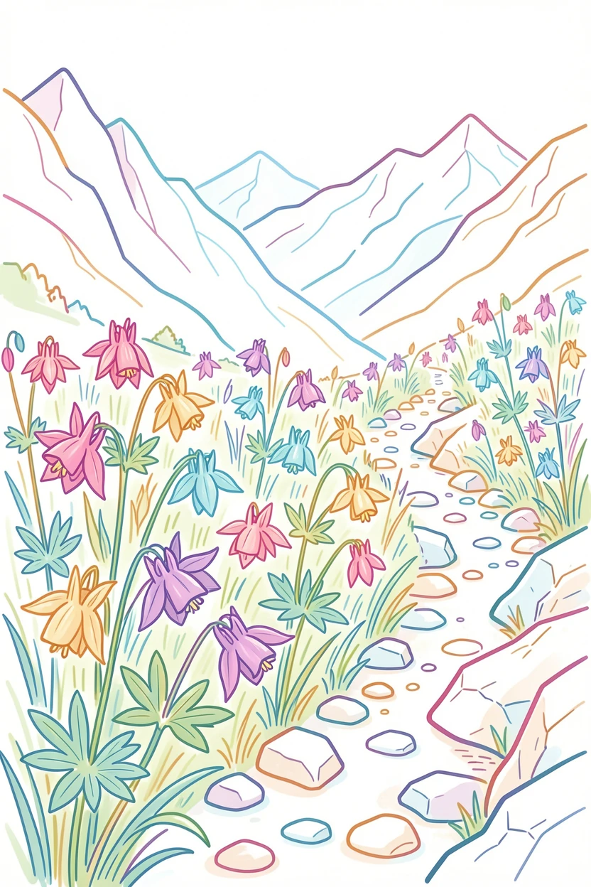 A field of wild columbine blooming along a rocky alpine trail.