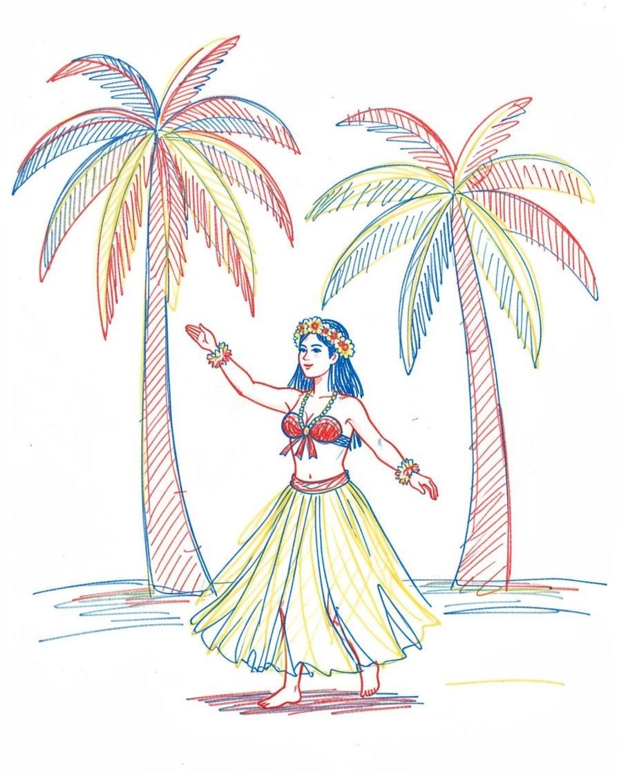 A traditional Hawaiian hula dancer performing beneath swaying palm trees