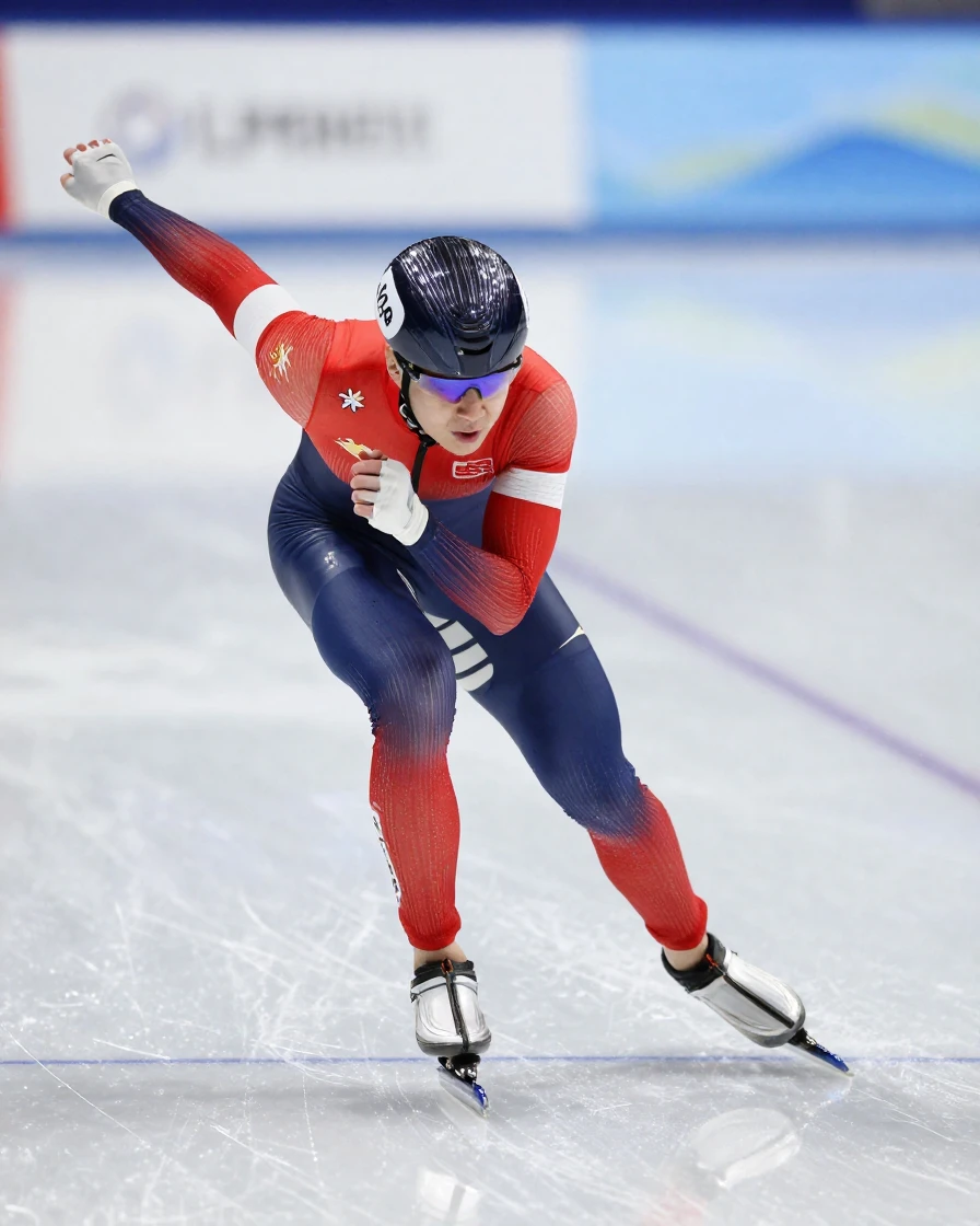 A speed skater leaning into a tight turn