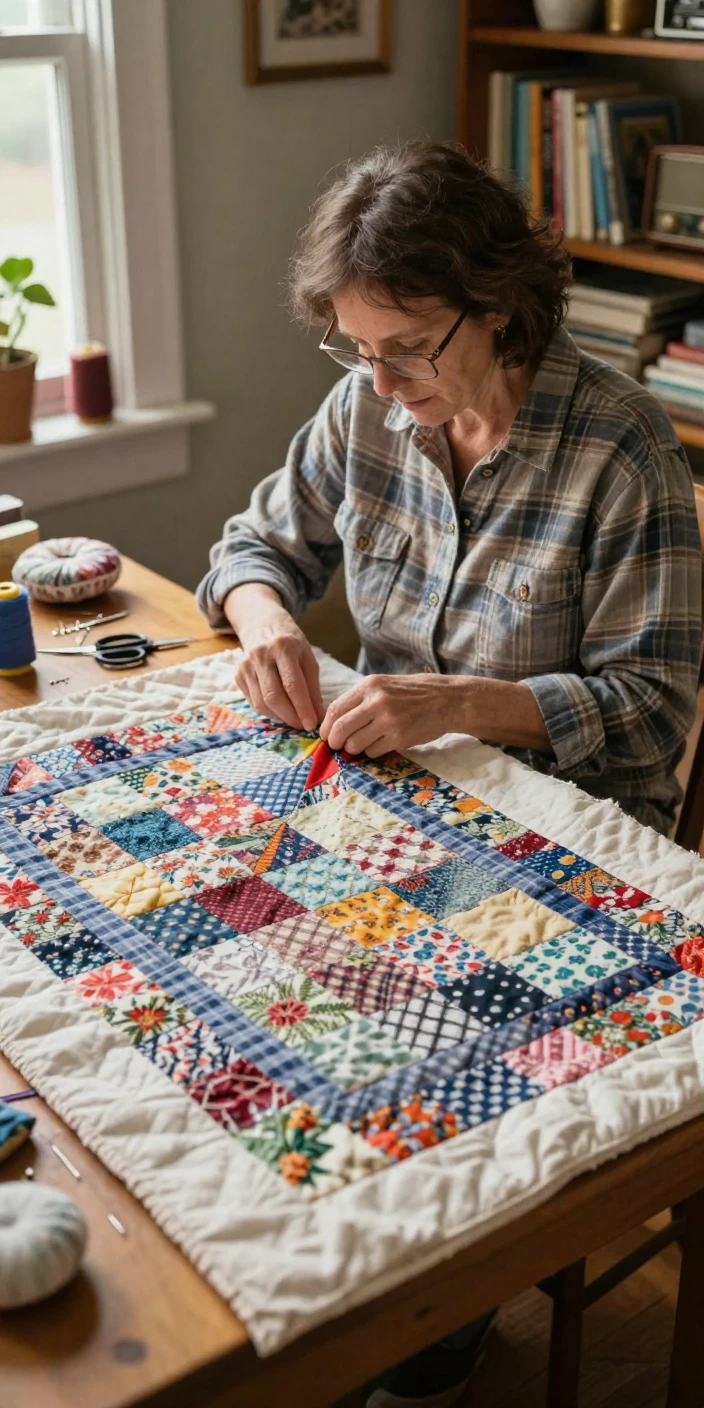 A quilter stitches together a patchwork blanket from decades of old fabric scraps.