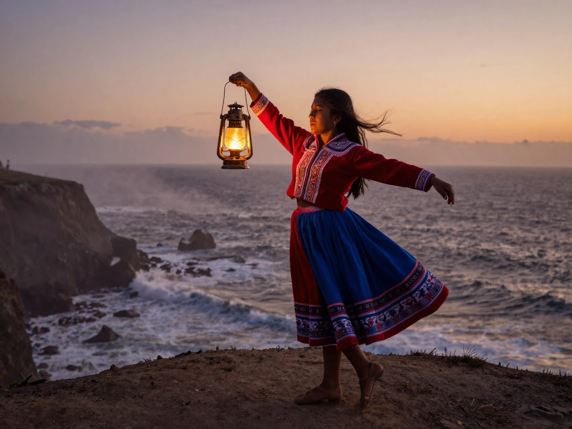 A teenage Peruvian dancer holding a lantern in the fading light on a windswept coastal cliff