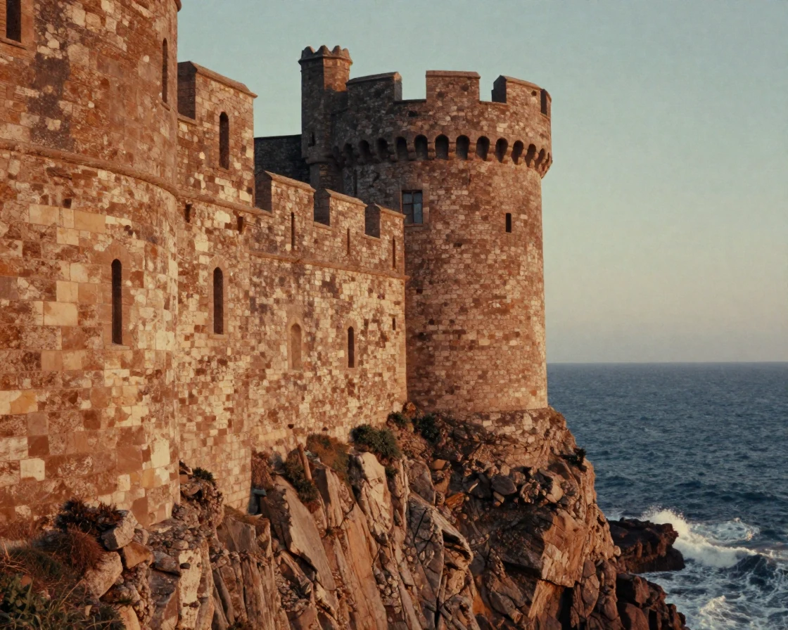 A weathered castle perched dramatically on a coastal cliff, under soft golden-hour light, in crisp, dry air, in the height of summer, in earthy terracotta and ochre shades, in a tight close-up.