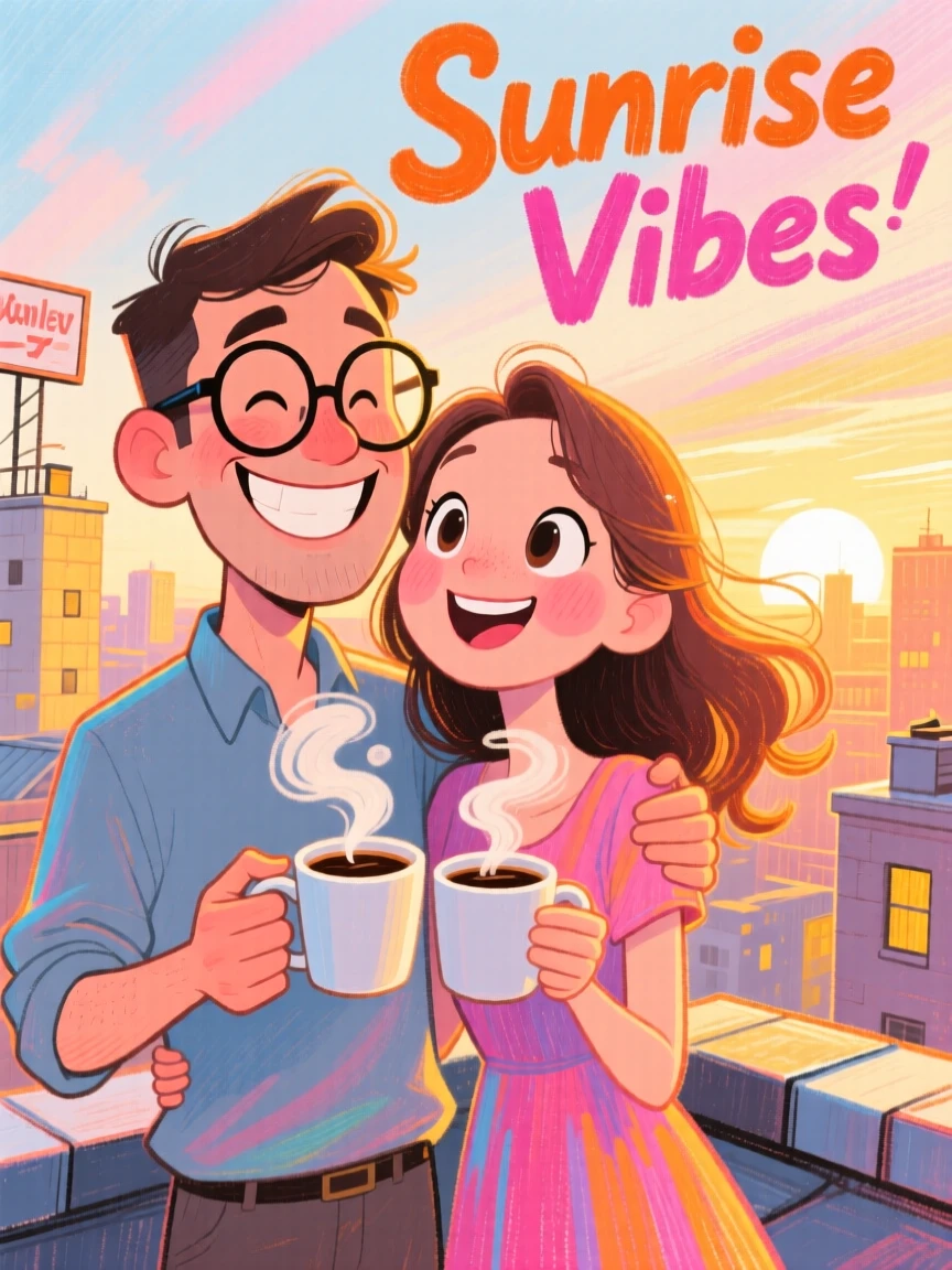 A couple watching the sunrise from a rooftop, coffee cups in hand, city waking up below.