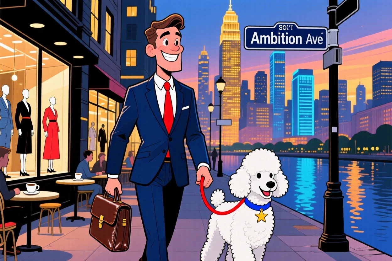 An aspirational lifestyle scene of a sharp businessman strolling a fashionable city street with a perfectly groomed dog, as the city skyline glitters below.