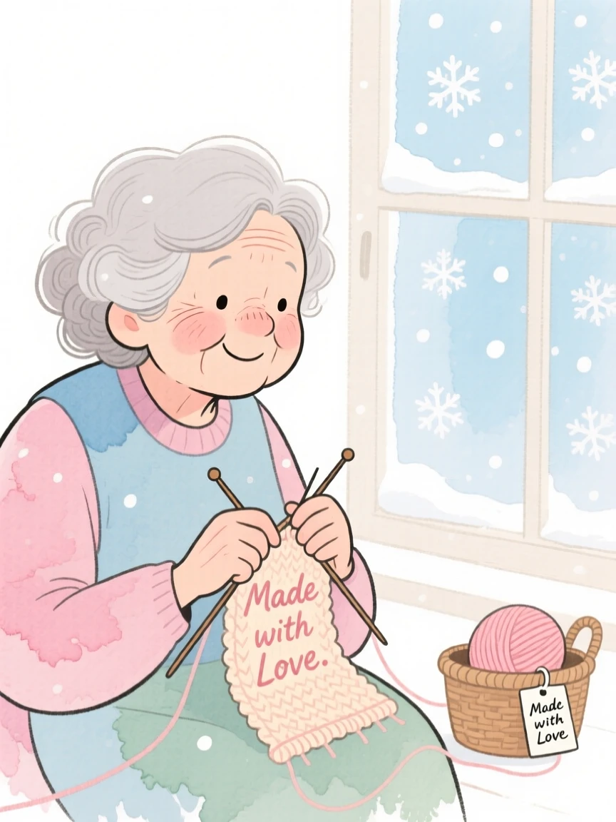 A tender scene of a grandmother knitting beside a window as snow falls outside