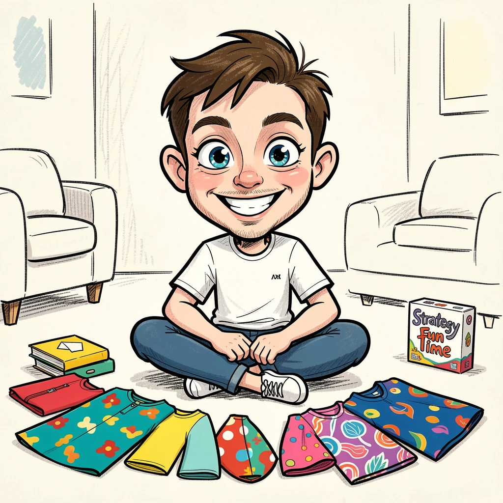[Trending & Universal Topics] Modern lifestyle scene of a laid-back board game host organizing a colorful capsule wardrobe, capturing everyday joy