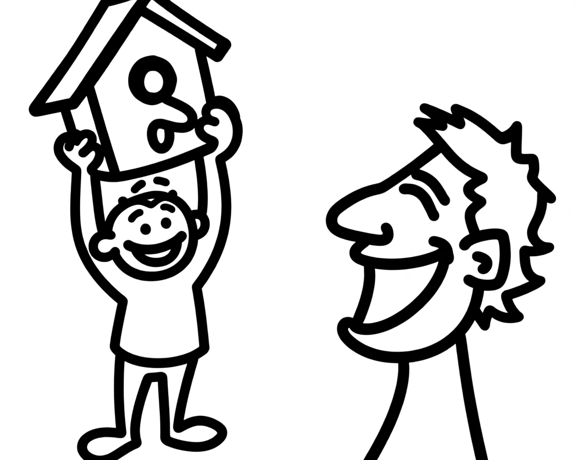 A child proudly presenting a wobbly, hand-built birdhouse to their beaming parent.