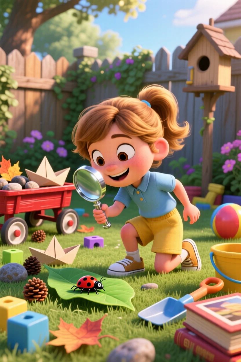 A girl exploring a backyard with a magnifying glass takes place in a sunny backyard scattered with toys, with a wagon full of collected treasures nearby. A carefree, adventurous energy fills the scene.