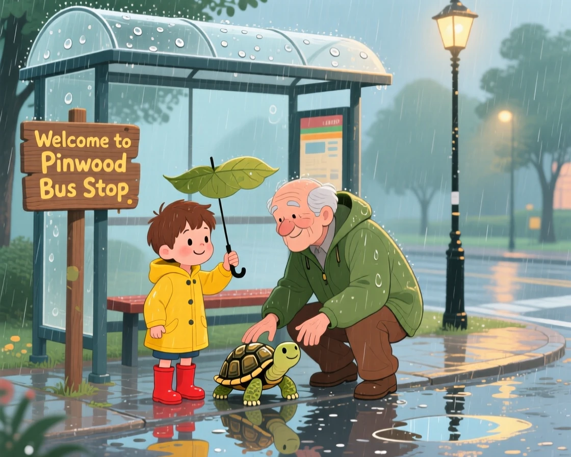 A boy and his grandfather are seen helping a turtle safely cross a path in a rainy bus stop, as a new friendship quietly begins.
