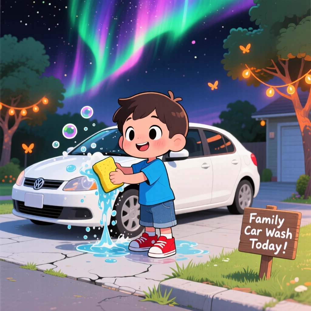 Full-body shot of a small boy, helping wash the family car, in a sunny driveway, beneath swirling aurora-lit skies, illuminated by warm fairy-light glow, radiating quiet contentment.
