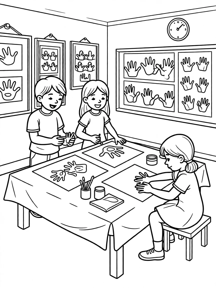 A classroom art project with children painting handprints
