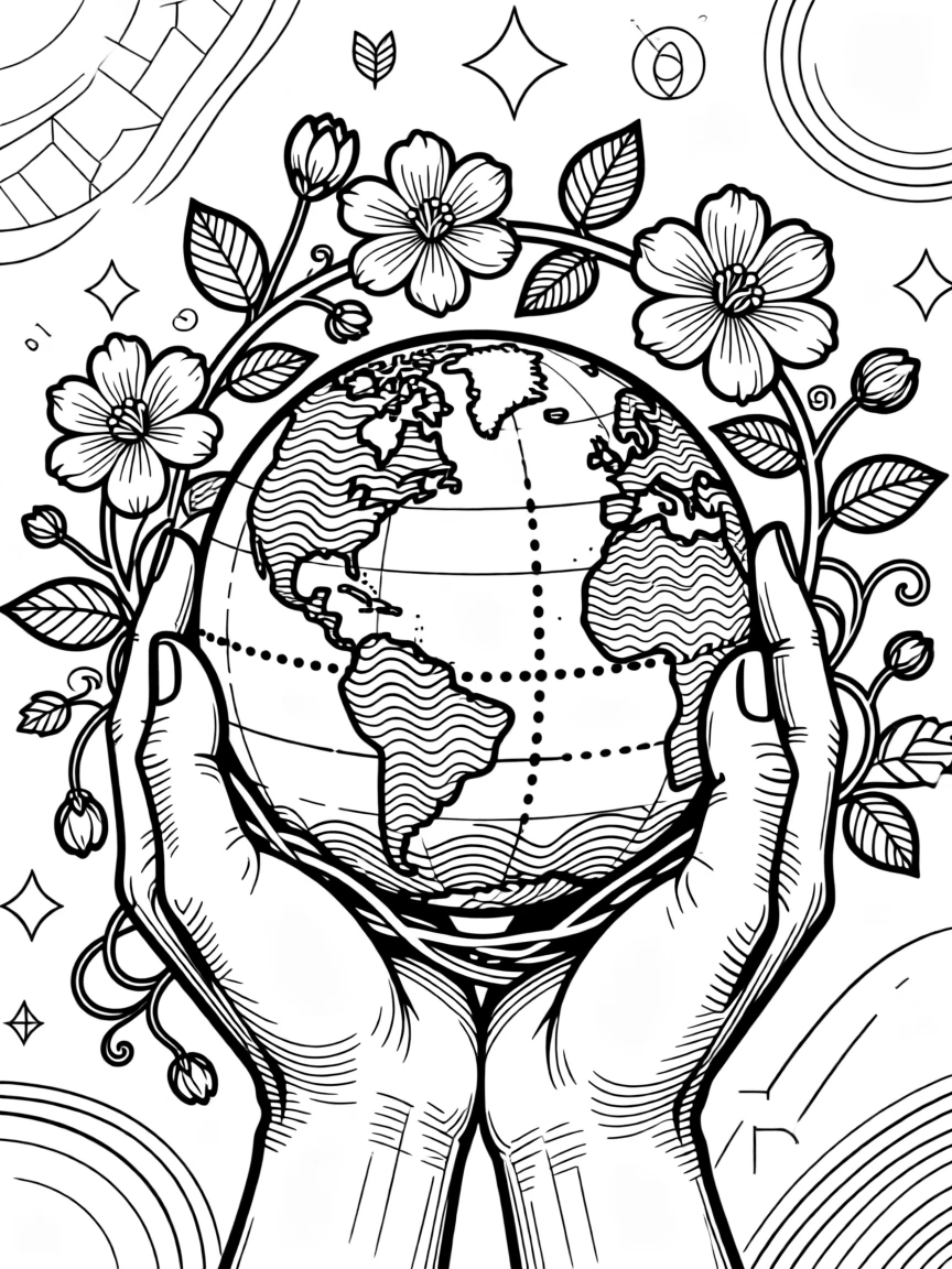 A pair of hands cradling a small globe wrapped in blooming vines.